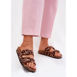 Kvinnors flip flops med klämmor på Cork Sole Brown Leopard Print brun 2