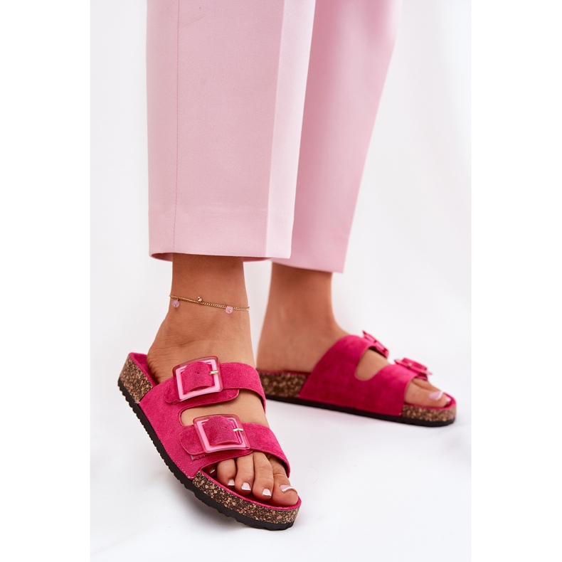 Kvinnors flip flops med spännen på Cork Sole Fuchsia rosa 2