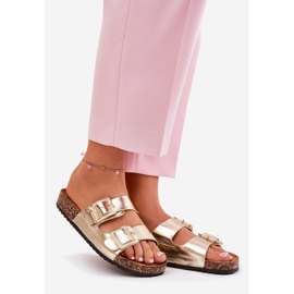 Kvinnors flip flops med klämmor på en Cork Sole Golden Sole gyllene 1