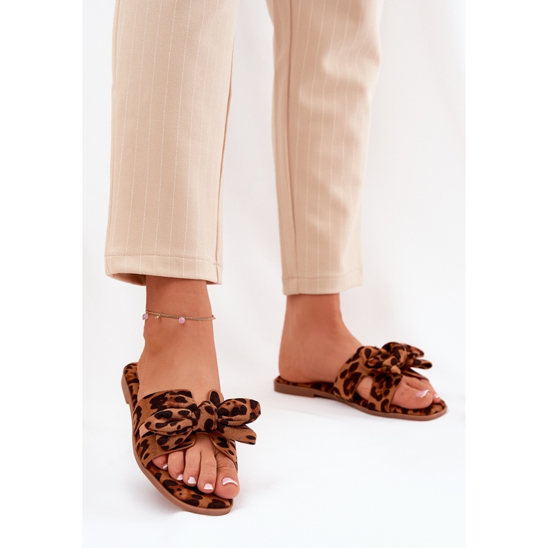 Platta kvinnors flip flops med bow leopard båge brun 2