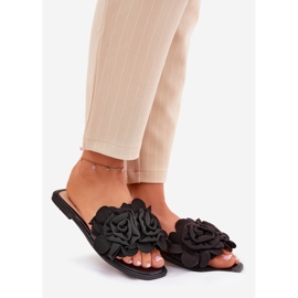 Flat -hanterade kvinnors flip flops med dekorativa blommor svarta blommor 1