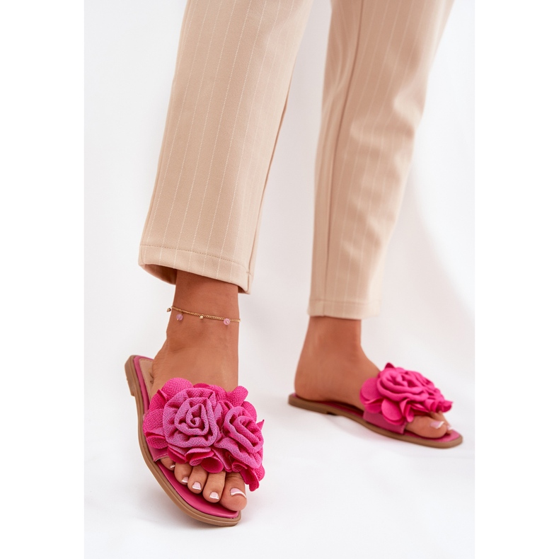 Flat -hanterade kvinnors flip flops med dekorativa fuchsiablommor rosa 1