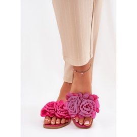 Flat -hanterade kvinnors flip flops med dekorativa fuchsiablommor rosa 2