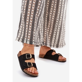 Kvinnors flip flops på en korkplattform med gyllene klämmor svart 1