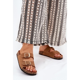 Kvinnors flip flops på en korkplattform med Camel Golden Buckles brun 2