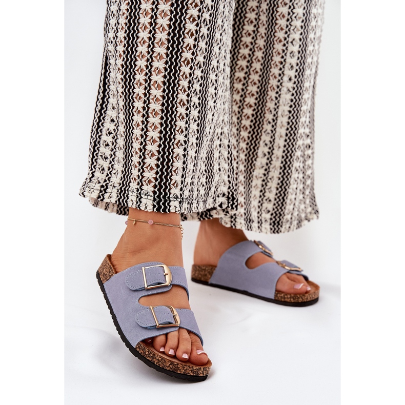 Kvinnors flip flops på en korkplattform med gyllene spännen blå 2