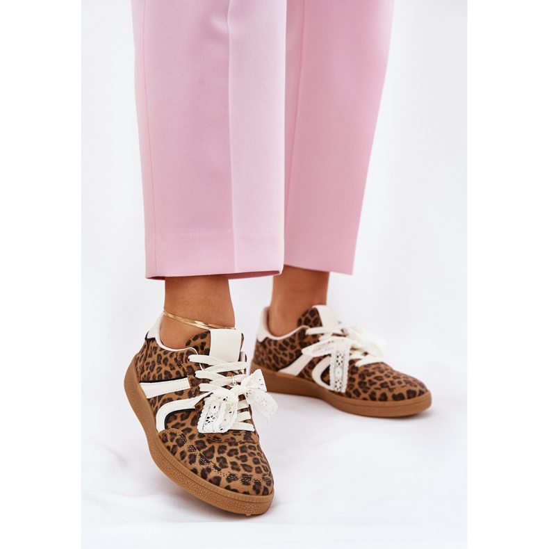 Låga kvinnors sneakers med spets leopard tryck brun 2