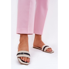 Platta kvinnors flip flops med beig-svart bälte och spänne beige 2