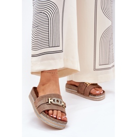 Kvinnors tofflor med en gyllene detalj på plattformen med Khaki Glitter beige 2