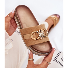 Kvinnors flip flops på plattformen med glitter och gyllene dekoration kamel brun 8