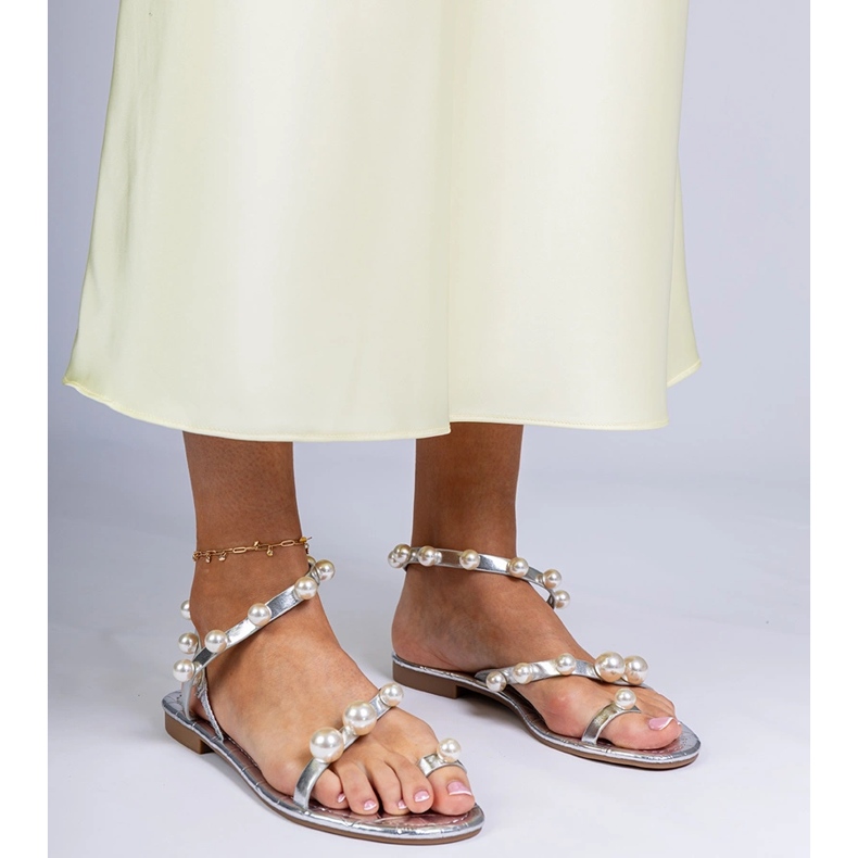Silver kvinnors sandaler dekorerade med pärlor silver- 1