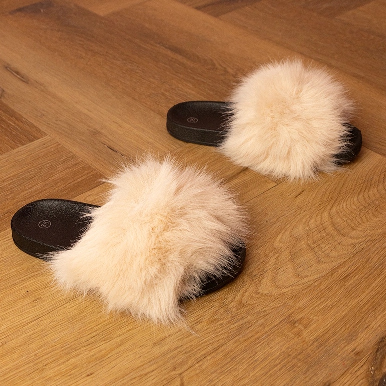 Beige barns flip flops med päls 1