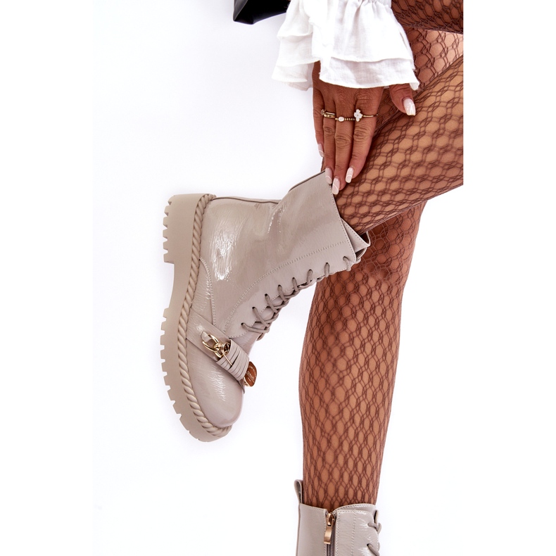 S.Barski Kvinnors lackerade stövlararbetare med dekoration D&amp;A MR870-67 Lätt beige 1