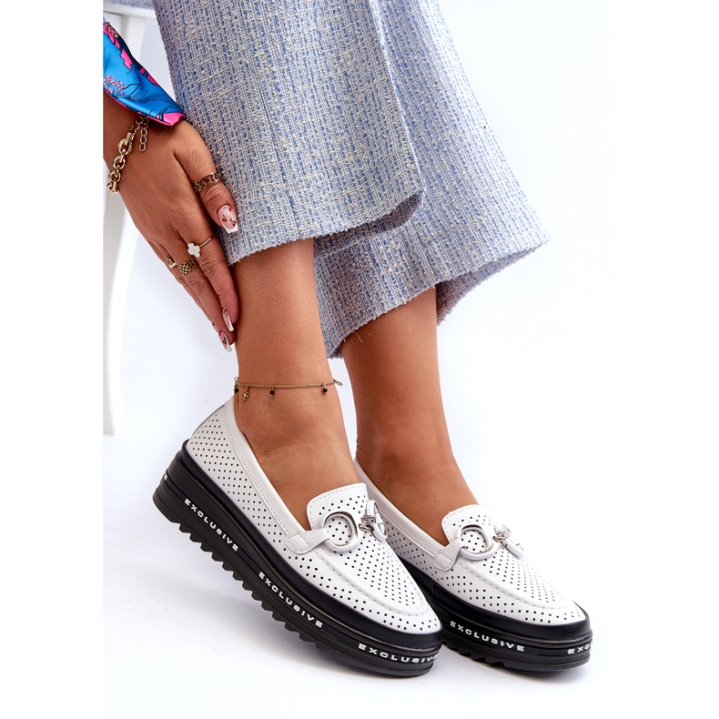 S.Barski Läder OpenWork Women's Loafers på plattformen med en prydnad av S. Barski LR750 White vit 3