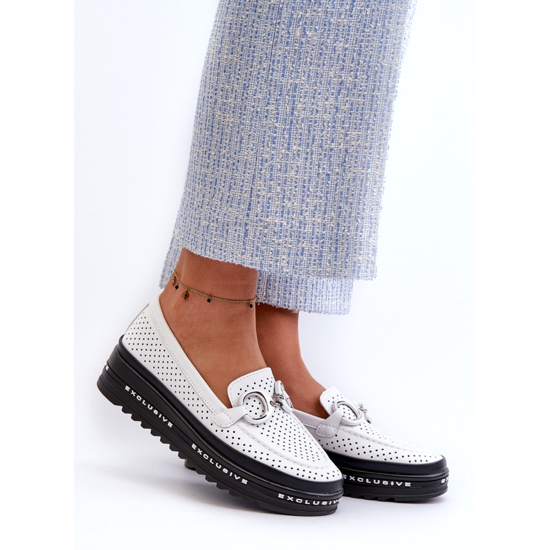 S.Barski Läder OpenWork Women's Loafers på plattformen med en prydnad av S. Barski LR750 White vit 1