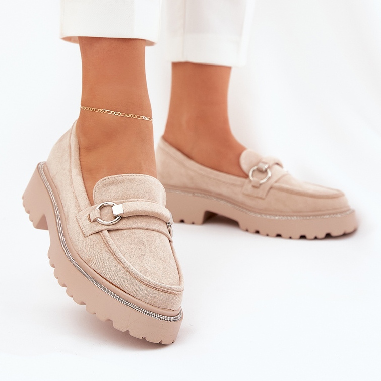 Kvinnors loafers dekorerade med zirkons beige 2