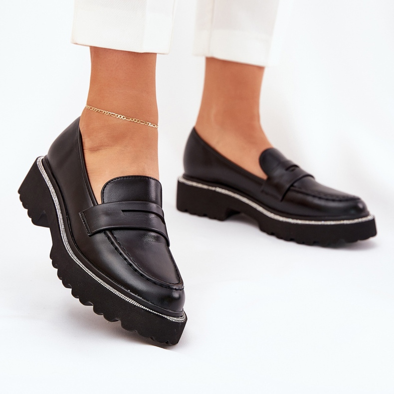 Kvinnors Eco Leather Loafers med svarta zirkoner 2
