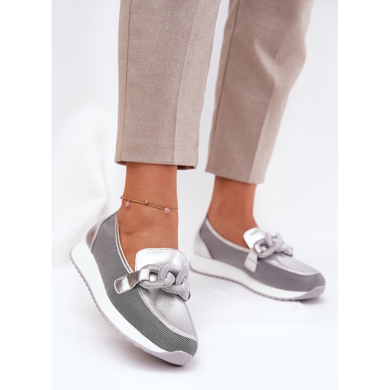 S.Barski Kvinnors läderloafers med en prydnad LR51-966 Silver silver- 2