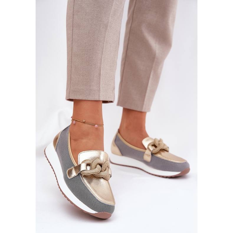 S.Barski Kvinnors läderloafers med en prydnad LR51-966 guld gyllene 2