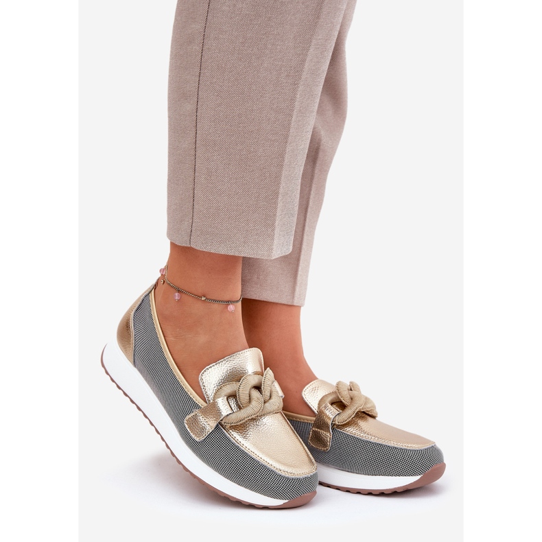 S.Barski Kvinnors läderloafers med en prydnad LR51-966 guld gyllene 1