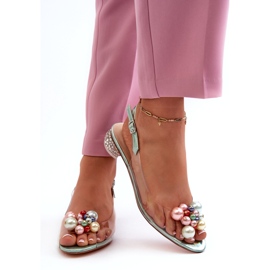 S.Barski Genomskinliga lågklackade sandaler med dekoration Grön D&amp;A MR38-368 3