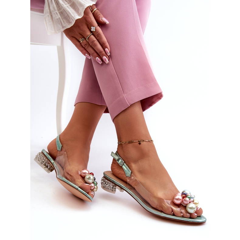 S.Barski Genomskinliga lågklackade sandaler med dekoration Grön D&amp;A MR38-368 4