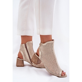 Kvinnors läderhöga klackar med en öppen maciejka häl 06899-25 Golden-Beige 5
