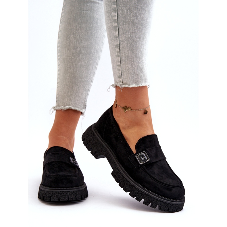 Vinceza Kvinnors eko-sendary svarta mockasiner med ett dekorativt bälte och en läderinsats 3