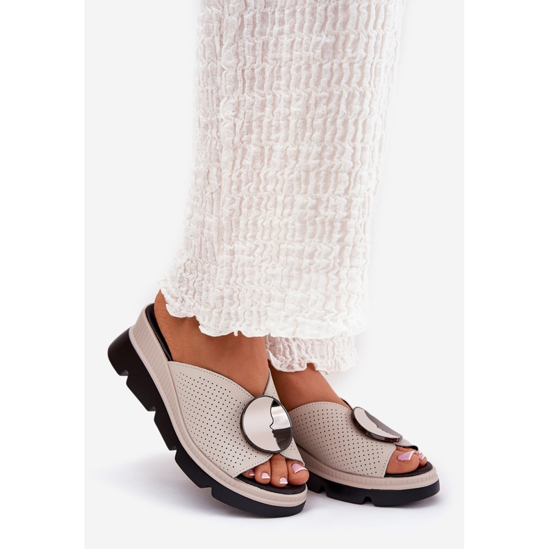 S.Barski Women's Leather tofflor med en prydnad av S. Barski LR51-662 Beige 1