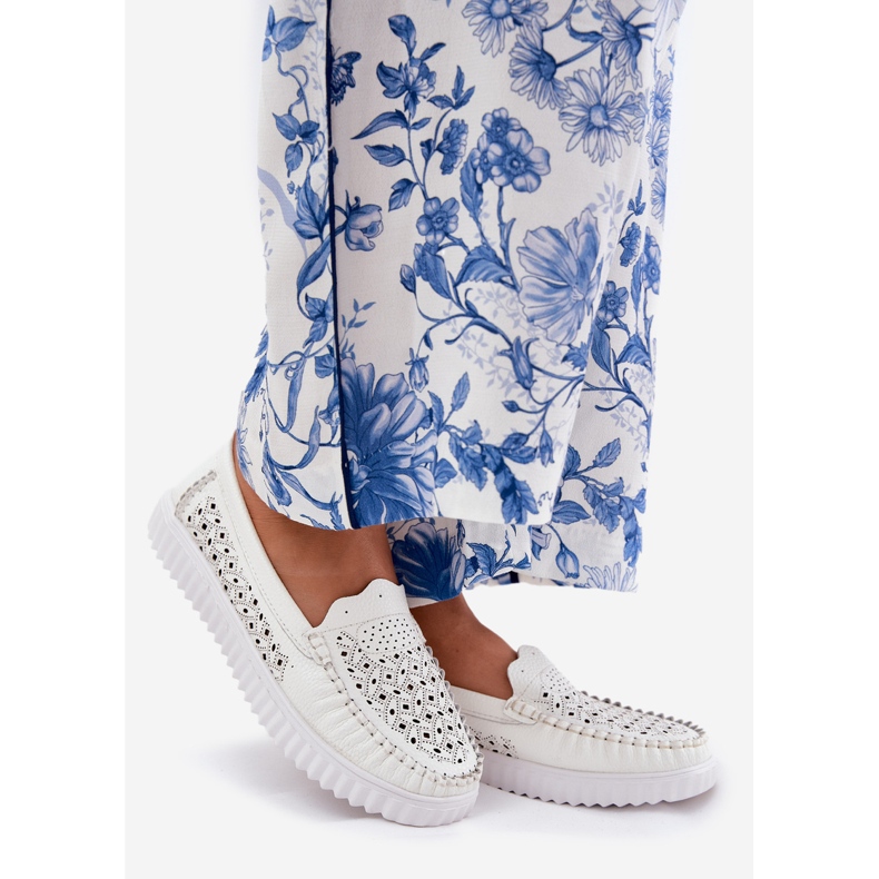 Vinceza Women's Leather Loafers med ett OpenWork -mönster Vincez 88028 White vit 1