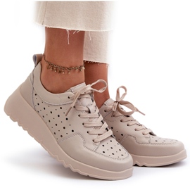 Genombrutna wedge sneakers för kvinnor, naturligt läder, beige S.Barski LR482 5