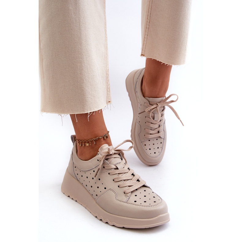 Genombrutna wedge sneakers för kvinnor, naturligt läder, beige S.Barski LR482 3
