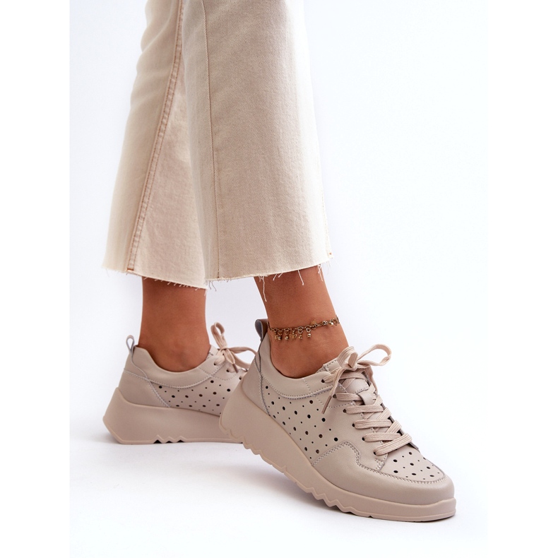 Genombrutna wedge sneakers för kvinnor, naturligt läder, beige S.Barski LR482 4