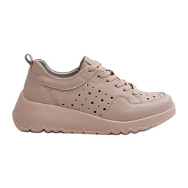 Genombrutna wedge sneakers för kvinnor, naturligt läder, beige S.Barski LR482 2