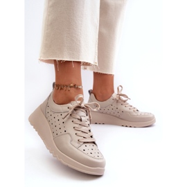 Genombrutna wedge sneakers för kvinnor, naturligt läder, beige S.Barski LR482 1