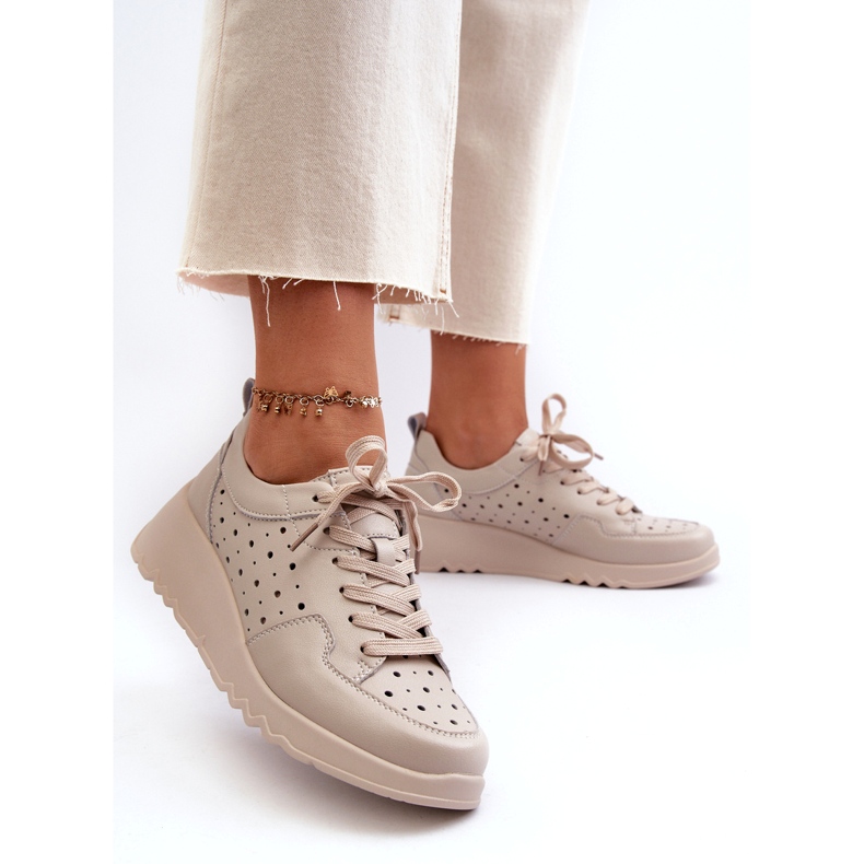 Genombrutna wedge sneakers för kvinnor, naturligt läder, beige S.Barski LR482 1