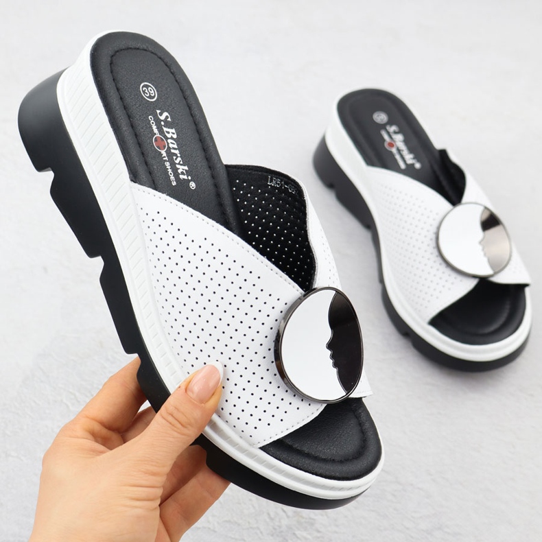 S.Barski Women's Leather Flip Flops Openwork Białe S. Barski LR51-662 vit 1