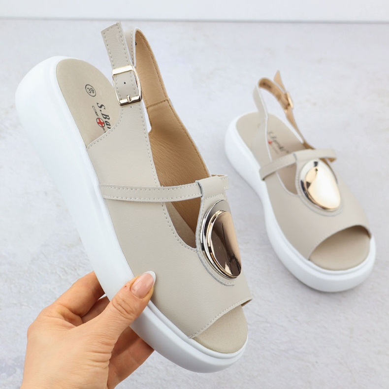 Kvinnors lädersandaler på plattformen Beige S.Barski GR51-603 1