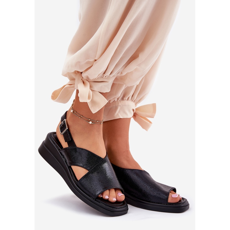 Jezzi Målade kvinnosandaler på kil med svart läder svart läder 1