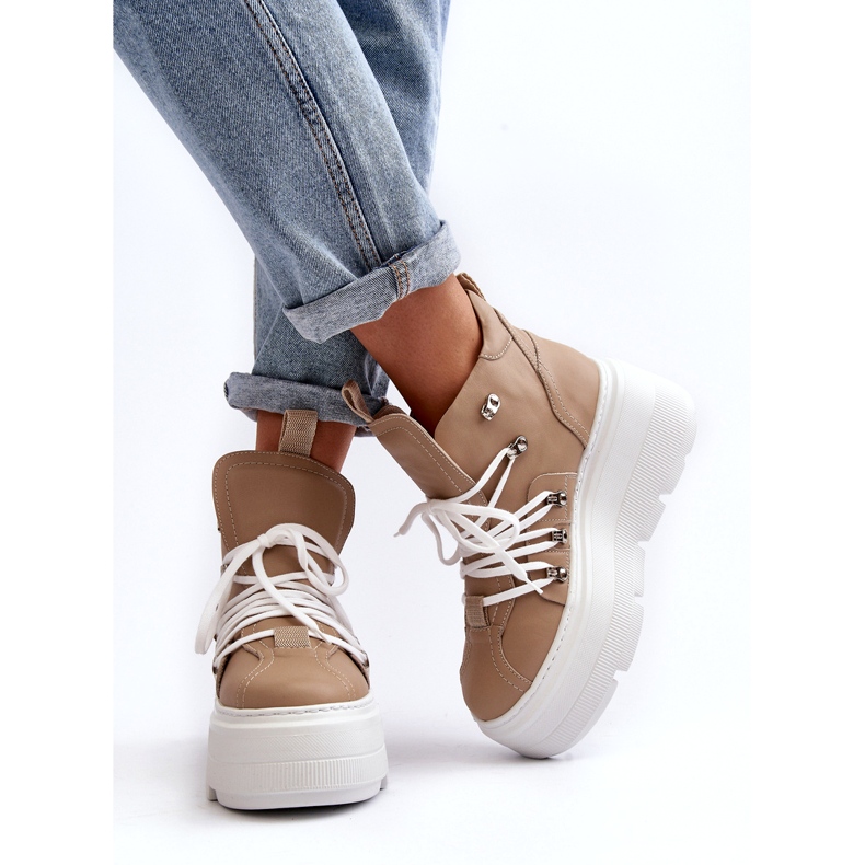 Zazoo 3416 Lädersportskor för kvinnor, Beige 1