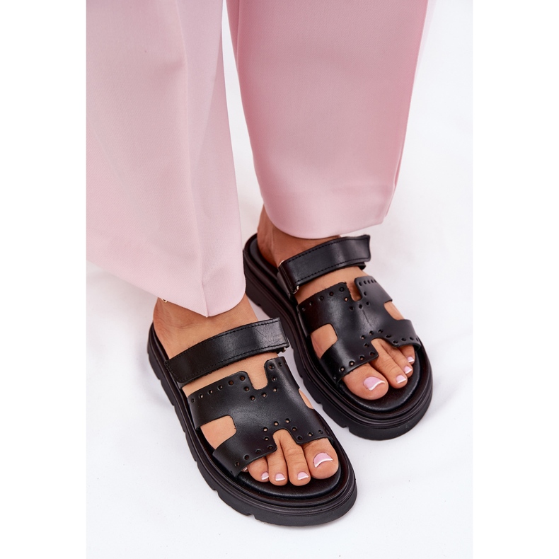 Kvinnors naturläder tofflor på Zazoo 40440 -plattformen svart 2