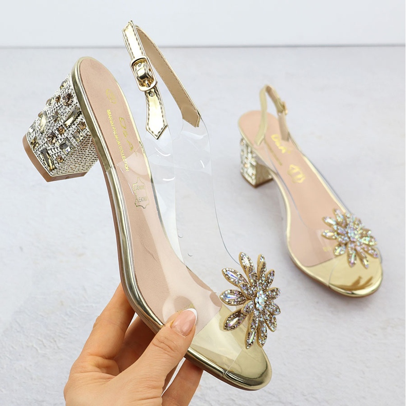 S.Barski Transparenta kvinnosandaler på stolpen med Zircons Złote D&amp;A av S. Barski MR51-002 gyllene 1