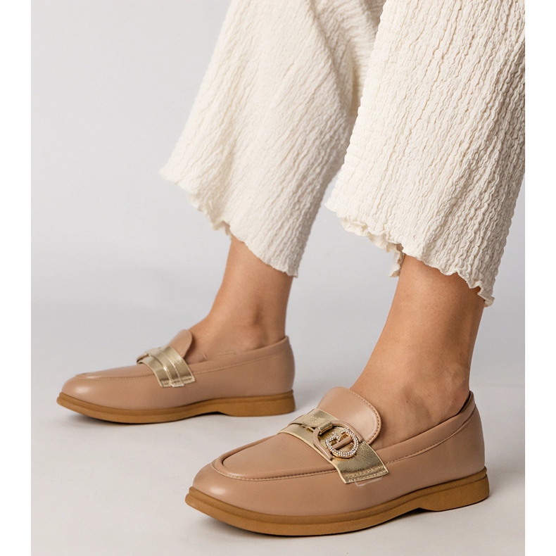 Krämig Eco -Leather Loafers med zirkoner 1