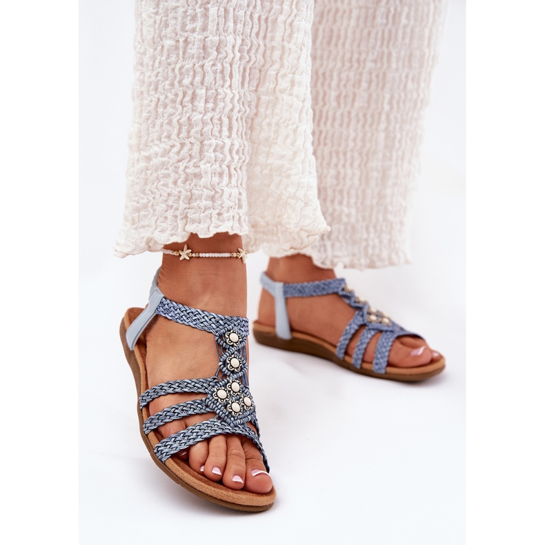 Kvinnors platta sandaler med flätad artiker 56C1325 blå ränder 2