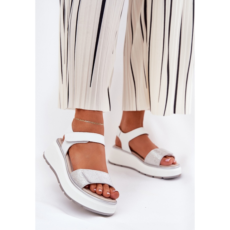 S.Barski Kvinnors lädersandaler plattform och kardborrkilor S. Barski LR51-543 Silver silver- 2