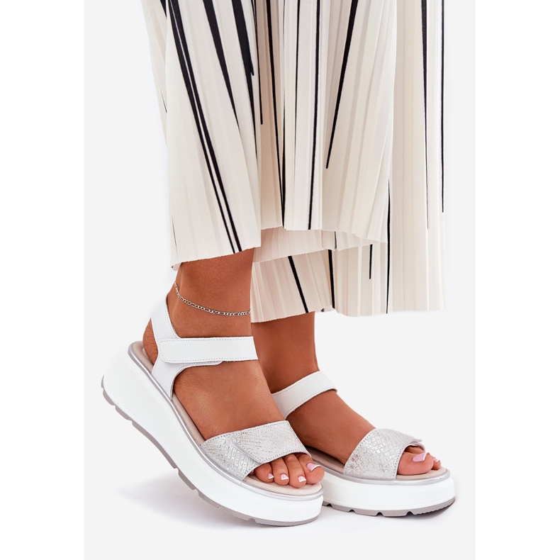 S.Barski Kvinnors lädersandaler plattform och kardborrkilor S. Barski LR51-543 Silver silver- 1