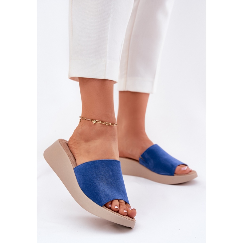 Kvinnors mocka flip flops på Panto Fino RR267041 Blue Wedge blå 2