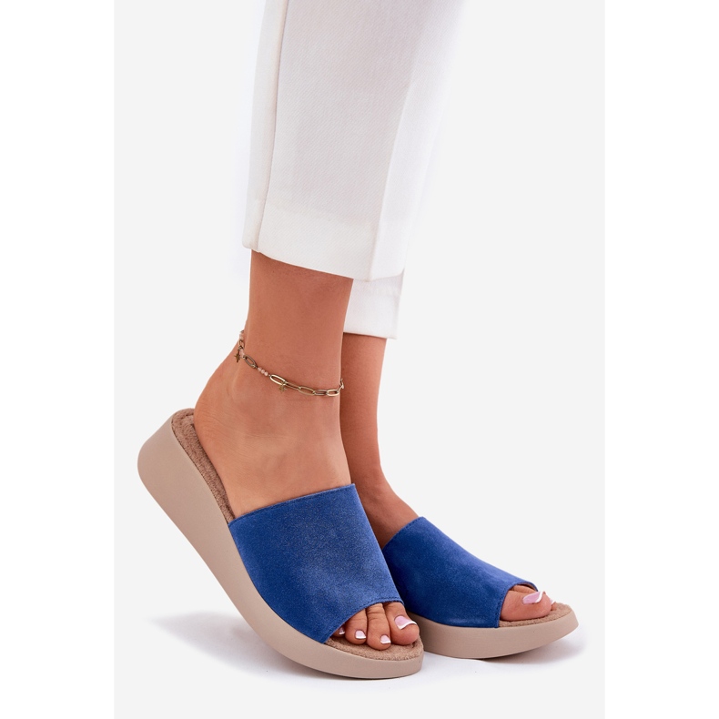 Kvinnors mocka flip flops på Panto Fino RR267041 Blue Wedge blå 1