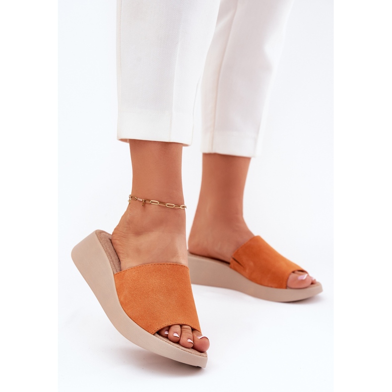 Kvinnors mocka flip flops på panto Fino RR267039 kil orange 2