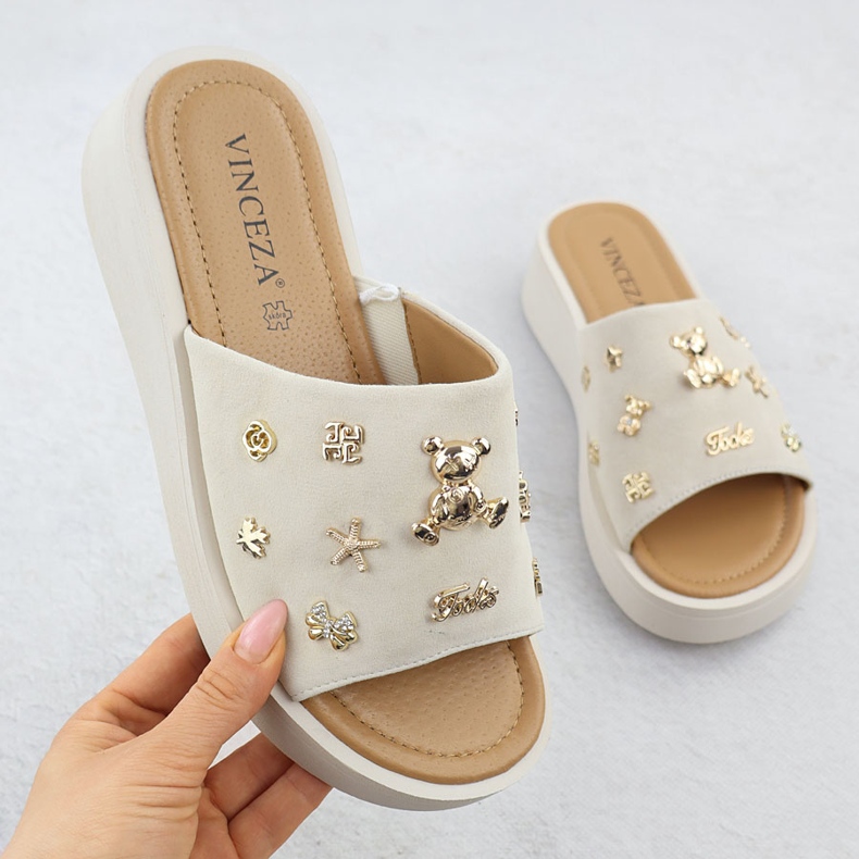 Kvinnors läderkilar med beige Vinceza 66741 1